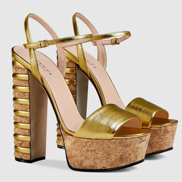 Gucci Ankle Strap Platform Sandals in Gold Leather Golden Metallic EUR37 - Picture 1 of 16